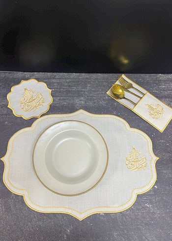 6 kişilik Nakışlı Beyaz sarı ramazan mübarek yazılı Sofra Takımı - Görsel 6