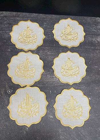 6 kişilik Nakışlı Beyaz sarı ramazan mübarek yazılı Sofra Takımı - Görsel 4