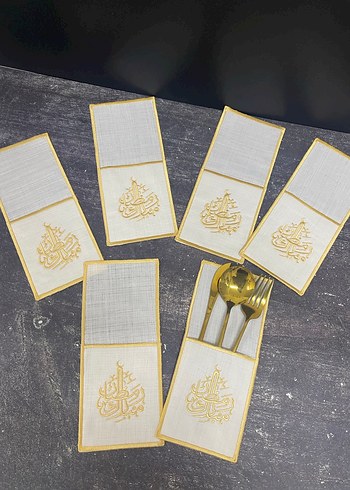 6 kişilik Nakışlı Beyaz sarı ramazan mübarek yazılı Sofra Takımı - Görsel 3