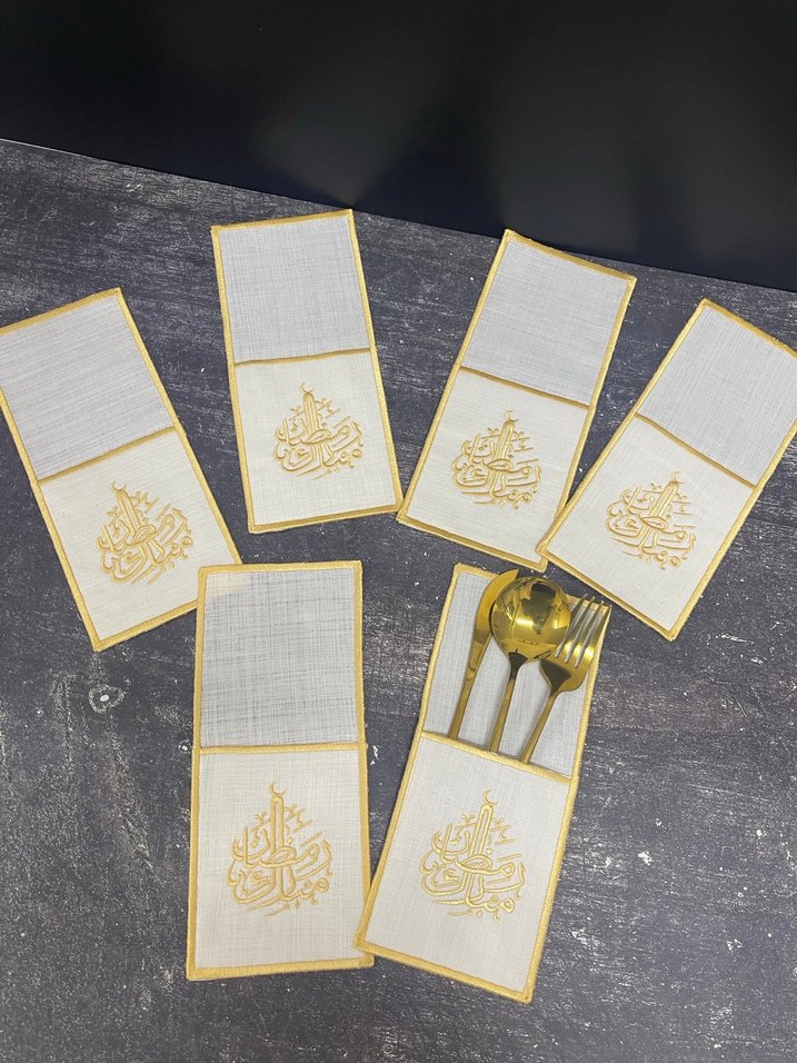 6 kişilik Nakışlı Beyaz sarı ramazan mübarek yazılı Sofra Takımı - Görsel 3