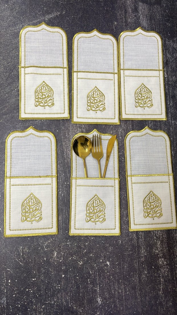 6 kişilik Ramazan mübarek Nakışlı Beyaz Masa Örtüsü Seti - Görsel 2