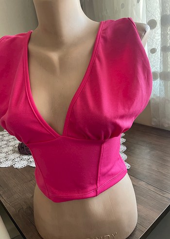 s Beden Pembe V Yakalı Drapeli Mini Büstiyer