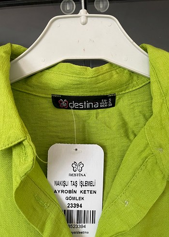 Mango Yeşil Nakışlı Uzun Kollu Keten Gömlek