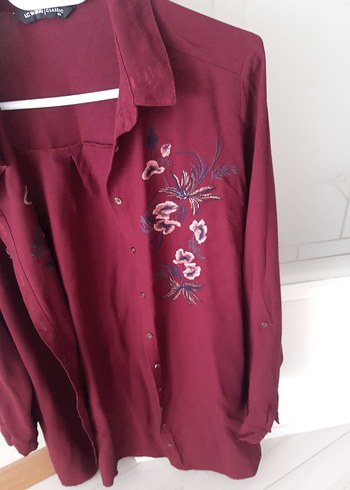 Kadın Bordo Düğmeli nakisli Gömlek - Görsel 2