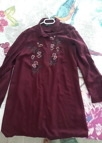 Kadın Bordo Düğmeli nakisli Gömlek - Görsel 5