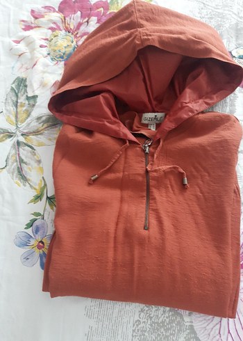 Uzun Kol Kapüşonlu Kiremit rengi Bohem Tunik - Görsel 9