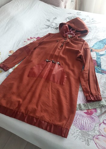 Uzun Kol Kapüşonlu Kiremit rengi Bohem Tunik - Görsel 5