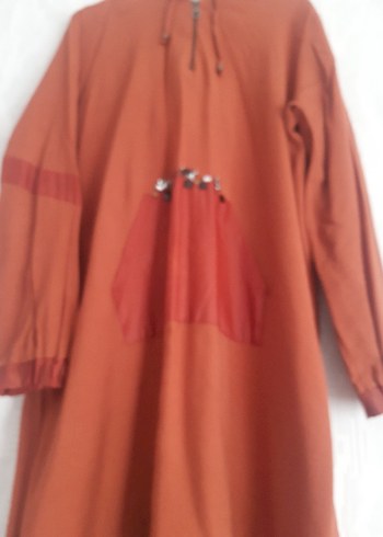 Uzun Kol Kapüşonlu Kiremit rengi Bohem Tunik - Görsel 2