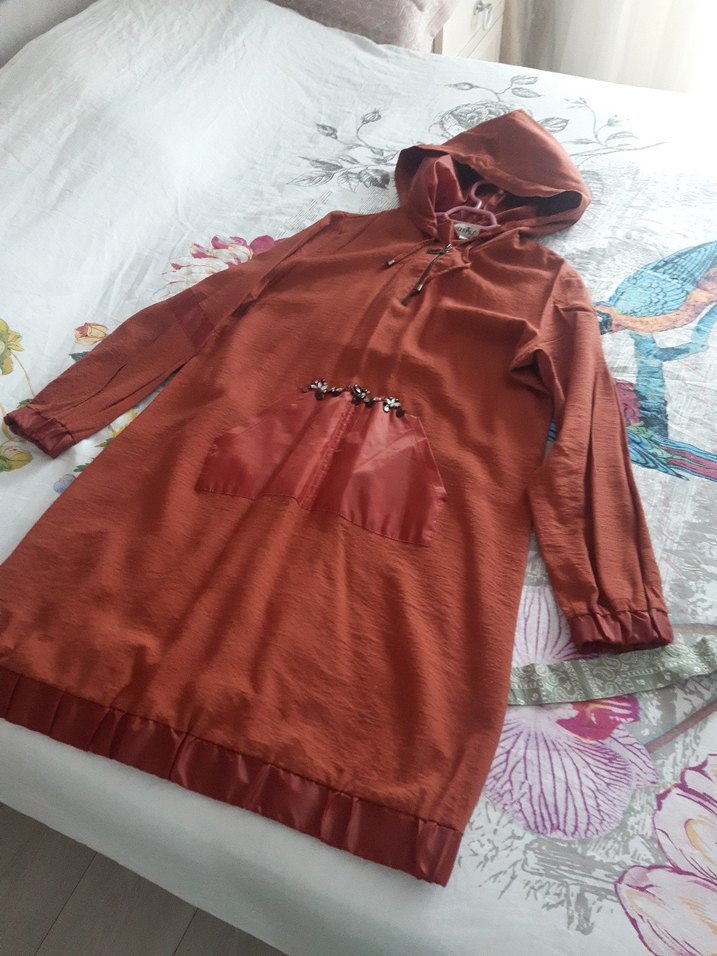 Uzun Kol Kapüşonlu Kiremit rengi Bohem Tunik - Görsel 5