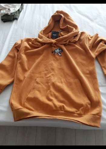 hardal rengi Kapüşonlu kadife Rahat Kesim Sweatshirt - Görsel 4
