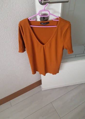 V Yaka taba rengi Kısa Kollu Kadın Bluz - Görsel 5