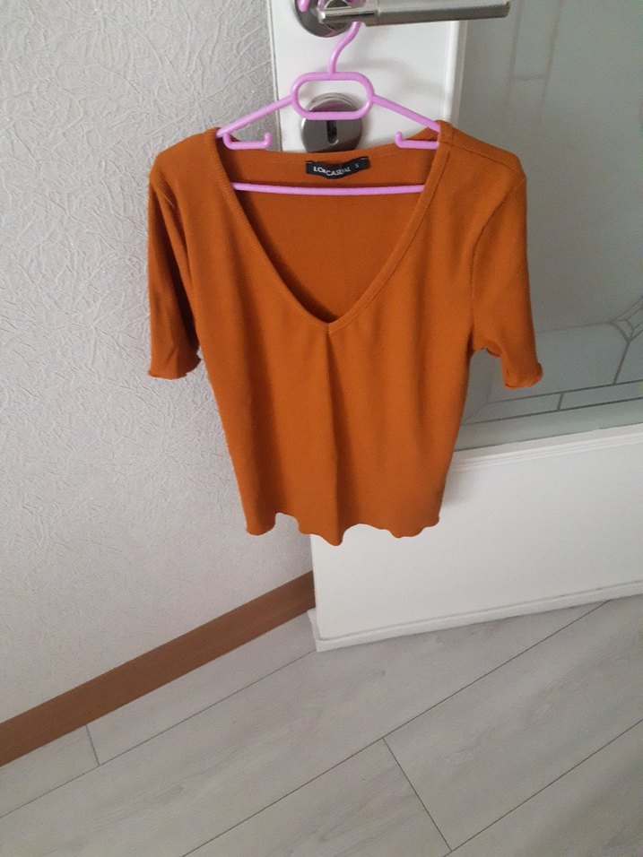 V Yaka taba rengi Kısa Kollu Kadın Bluz - Görsel 5