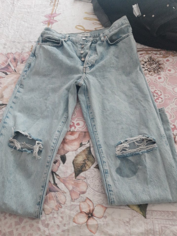 Mavi Loose yirtik boru paça Kadın Kot Pantolon - Görsel 2