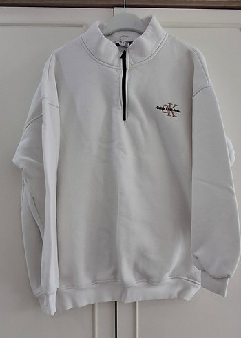 44 Beden Kadın Beyaz Yarım Fermuarlı Sweatshirt