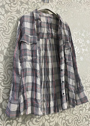 Düğmeli Uzun Kollu Gri Ekose Kadın Gömlek - Görsel 2