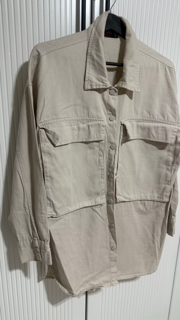 Düğmeli Bej Keten Salaş Gömlek - Görsel 3