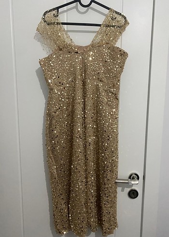 Bej Payetli Uzun Abiye Elbise - Görsel 2