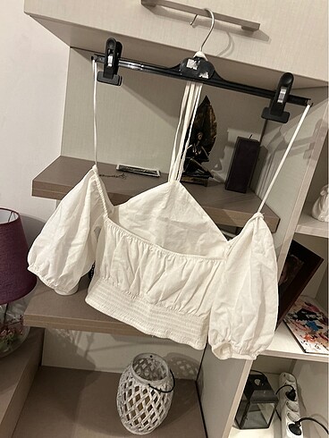 xs Beden beyaz Renk Berska etiketli crop balon kol keten kumaş