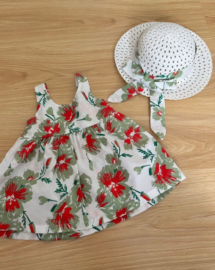 Kız Çocuk Bohem Çiçekli Elbise ve Şapka Seti - Görsel 2