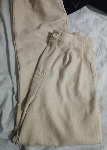 Bej Kadın Keten Düğmeli Pantolon