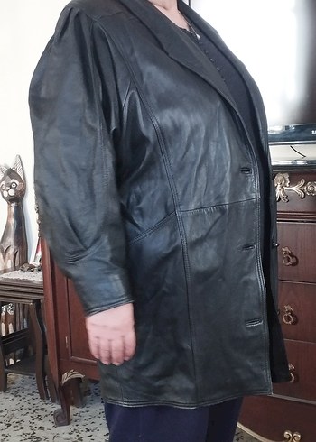 Düğmeli Siyah Uzun Deri Kadın Ceket - Görsel 2