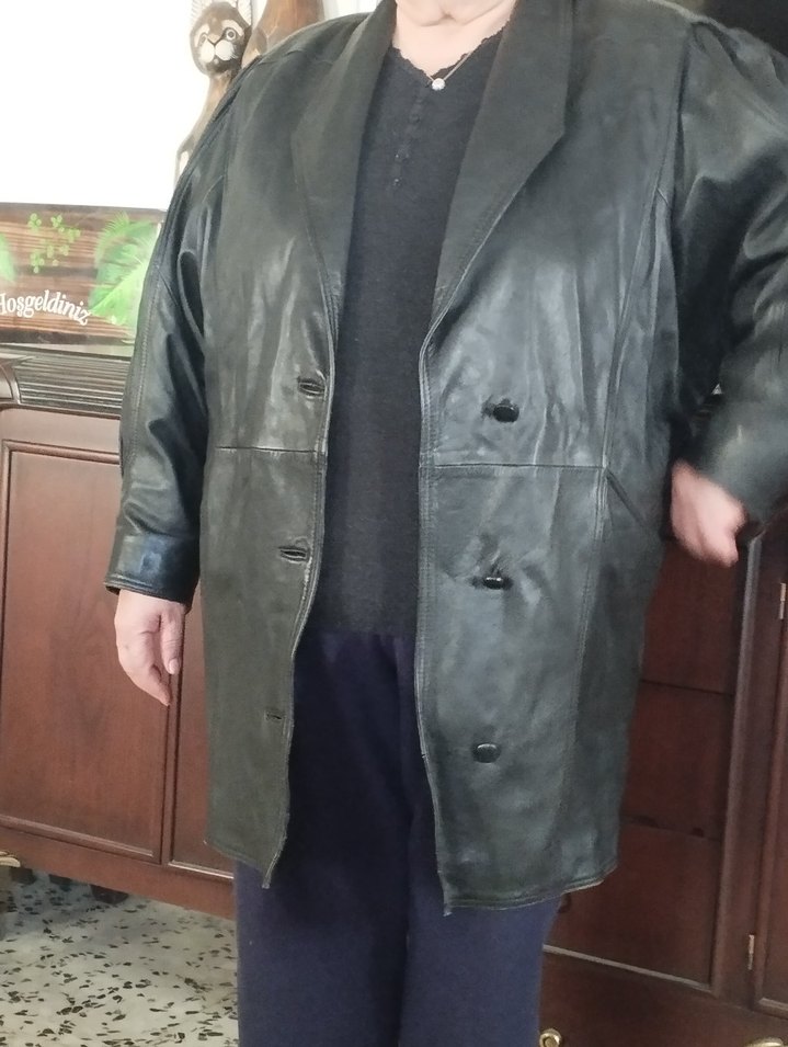 Düğmeli Siyah Uzun Deri Kadın Ceket - Görsel 3