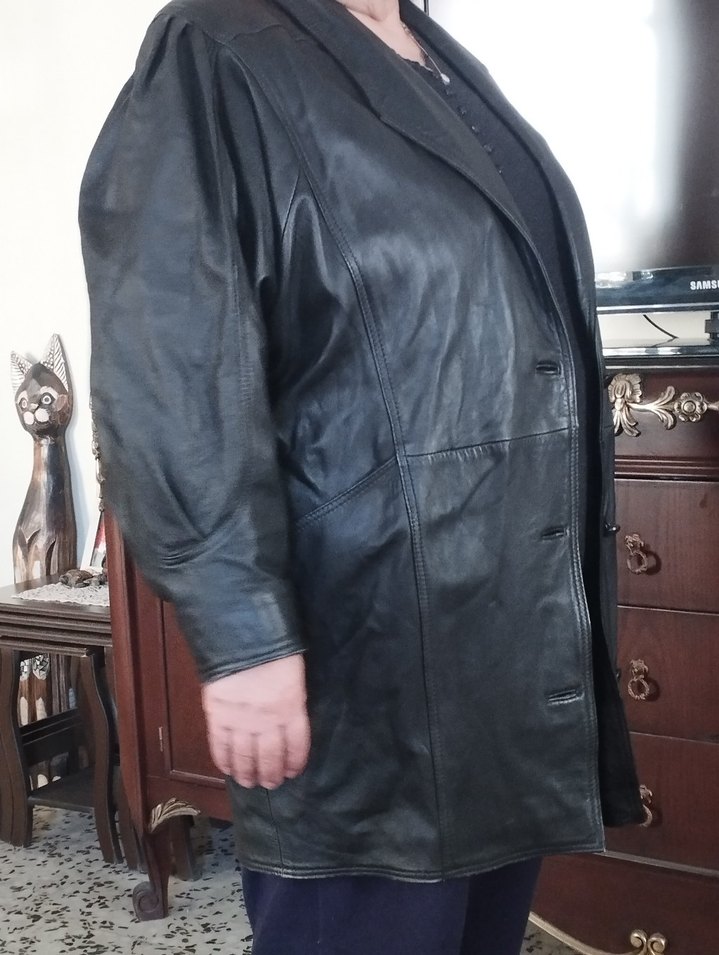 Düğmeli Siyah Uzun Deri Kadın Ceket - Görsel 2