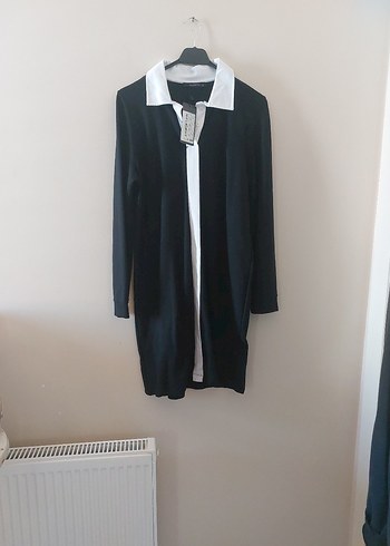 Siyah Uzun Kadın elbise Beyaz Yaka Detaylı - Görsel 2