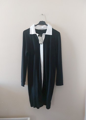 Siyah Uzun Kadın elbise Beyaz Yaka Detaylı - Görsel 3