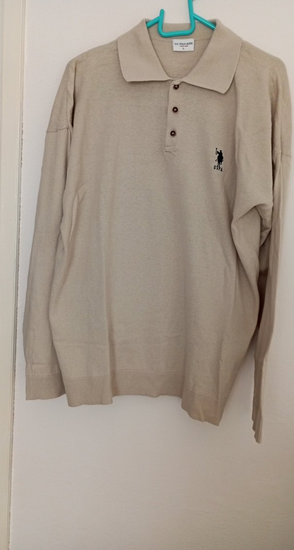 Taş rengi. Polo Yaka Erkek Kısa Kollu ince triko kazak - Görsel 3