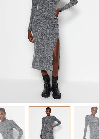 Gri Uzun Kollu Yüksek Yaka Elbise - Görsel 4