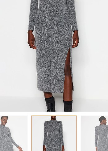 Gri Uzun Kollu Yüksek Yaka Elbise - Görsel 3
