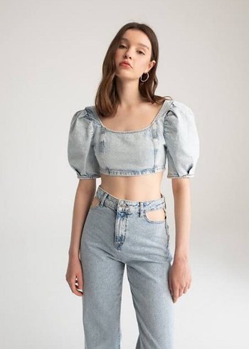 Mavi Mini Denim Ceket, Bağcıklı Kısa Kol