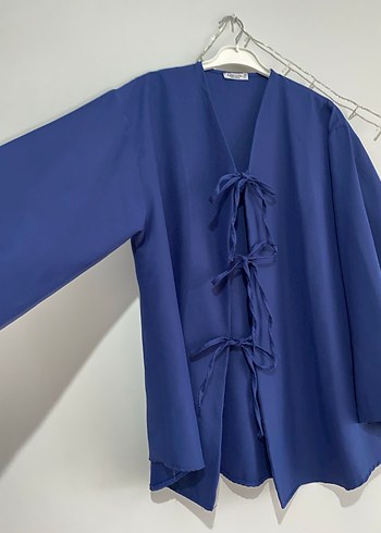 Lacivert Keten Kadın Kimono V Yakalı - Görsel 3