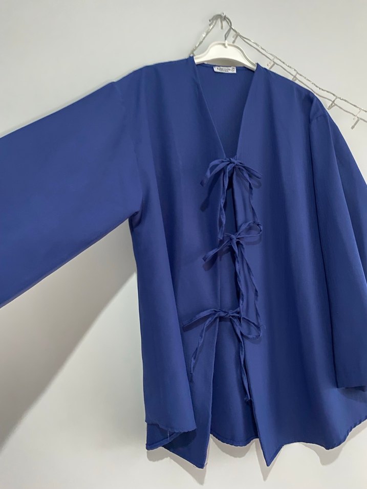 Lacivert Keten Kadın Kimono V Yakalı - Görsel 3