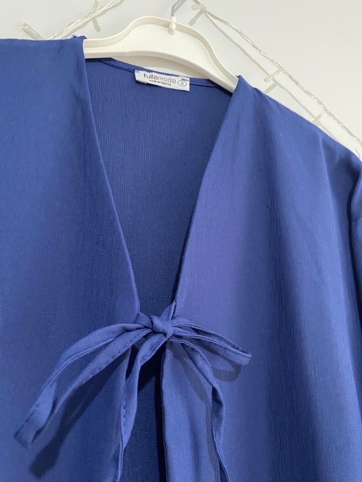 Lacivert Keten Kadın Kimono V Yakalı - Görsel 4