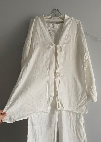 Kadın Beyaz Keten Bohem Kimono - Görsel 5