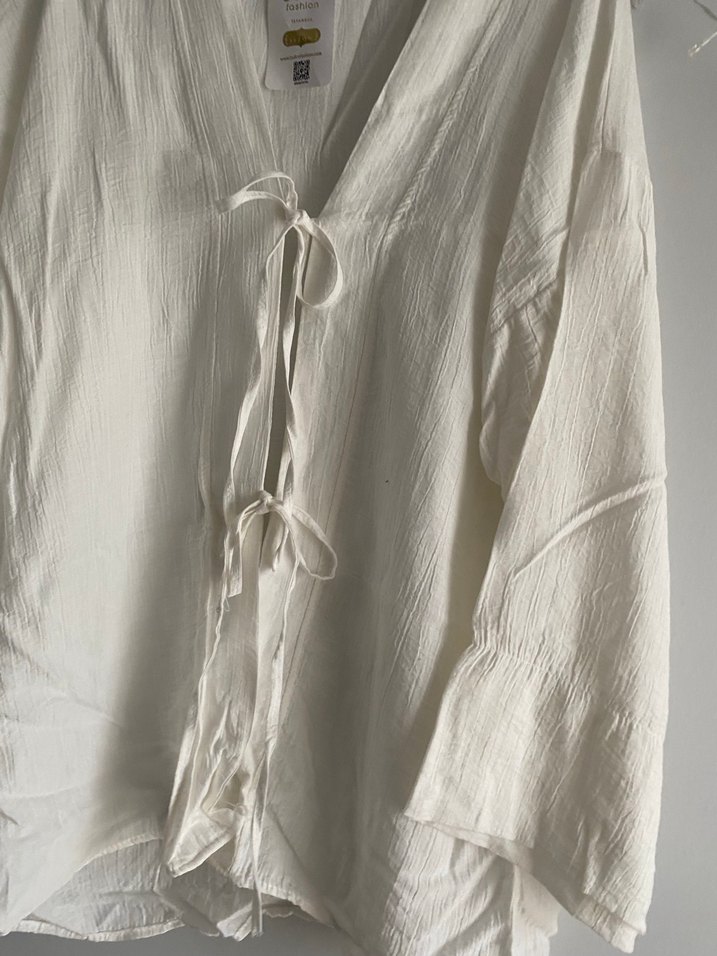 Kadın Beyaz Keten Bohem Kimono - Görsel 2