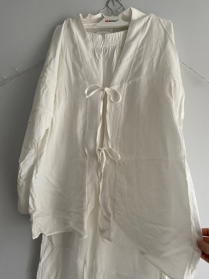 Kadın Beyaz Keten Bohem Kimono - Görsel 3