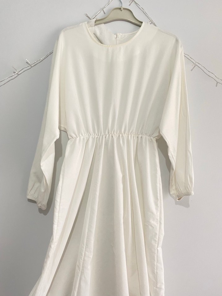 Beyaz Keten Uzun Kollu Salaş Elbise - Görsel 2