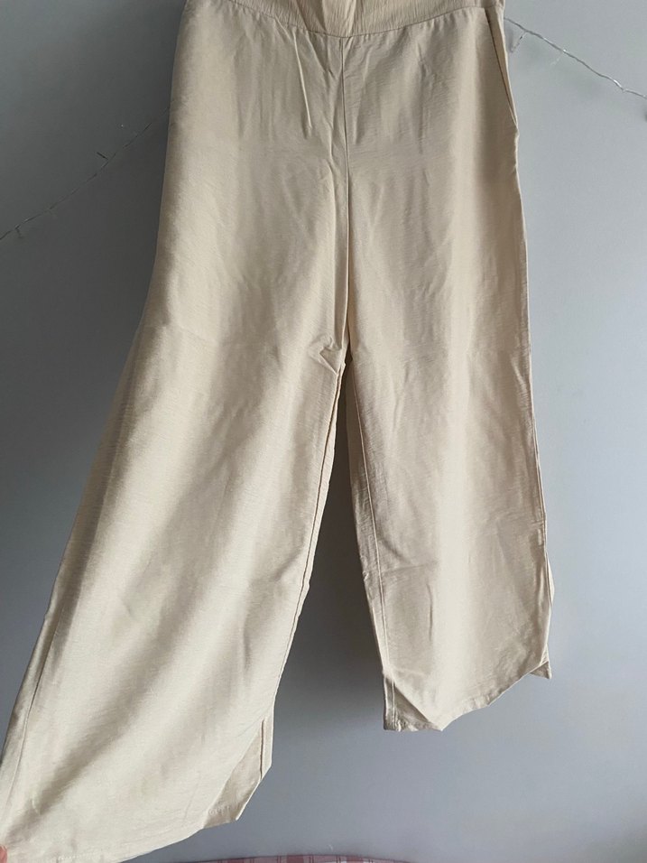 Bej Midi Bol Kesim Keten Pantolon - Görsel 4