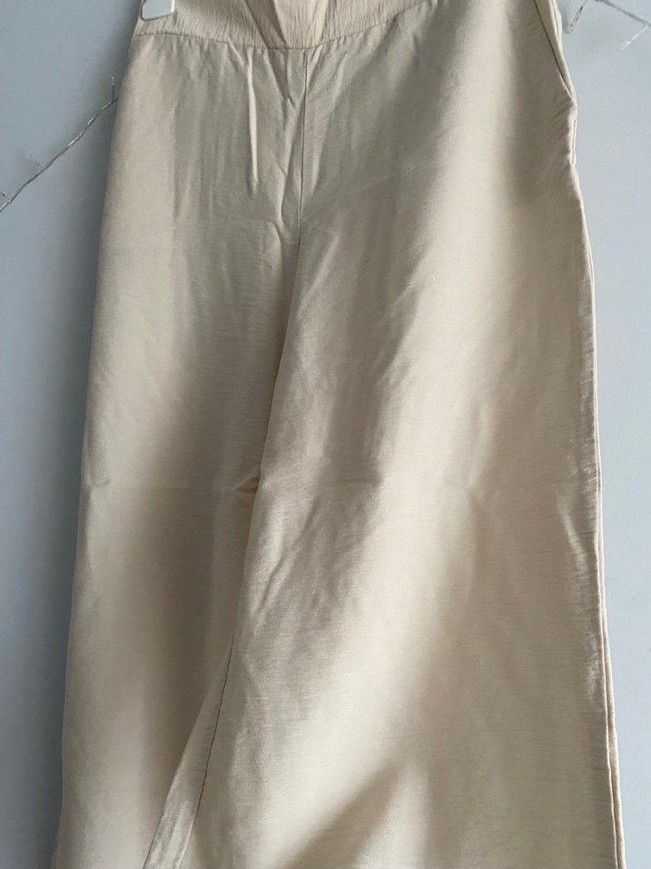 Bej Midi Bol Kesim Keten Pantolon - Görsel 2