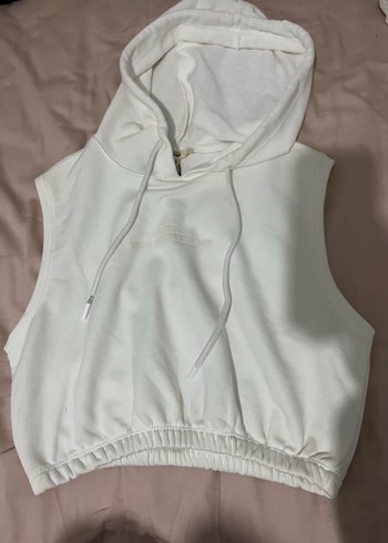 Beyaz Kapüşonlu Kolsuz Sweatshirt - Görsel 2