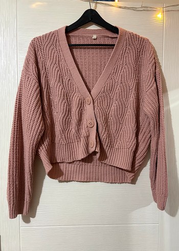 Pembe Örgü V Yaka Kadın Hırka
