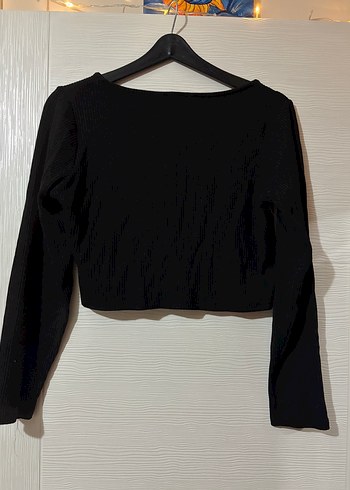 xl Beden Uzun Kollu Siyah Kelebek Nakışlı Crop Top