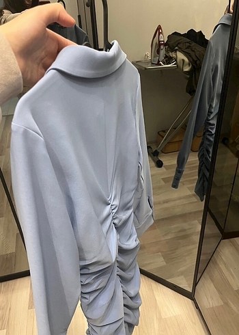 Mavi V Yaka Uzun Kollu Mini Elbise - Görsel 2