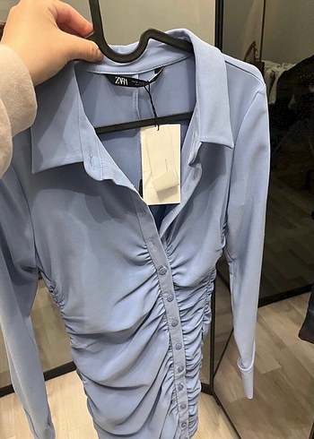 Mavi V Yaka Uzun Kollu Mini Elbise - Görsel 3