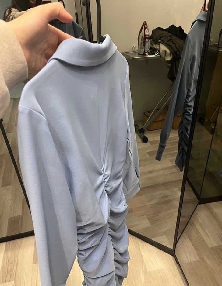 Mavi V Yaka Uzun Kollu Mini Elbise - Görsel 2