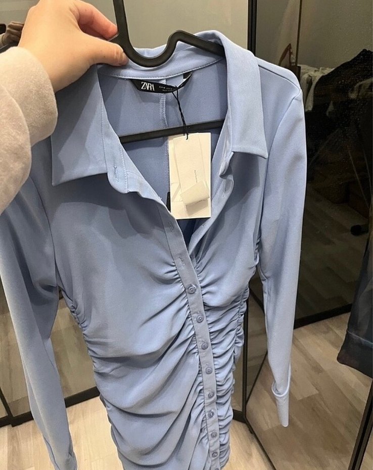 Mavi V Yaka Uzun Kollu Mini Elbise - Görsel 3