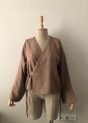 36 Beden Bej Keten Kadın Kimono Midi Boy